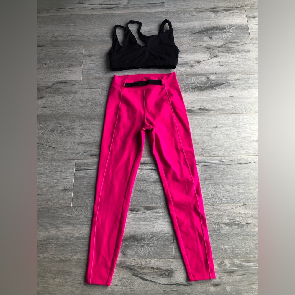 ALO Yoga Hot Pink Leggings and Black Bra Set